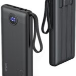 VRURC Power Bank 10000mAh with Built in Cables,VRURC USB C slim Portable Charger 5 Output & 2 Input LED Display External Battery Pack Chargers Compatible with iPhone,Samsung Cell Phones