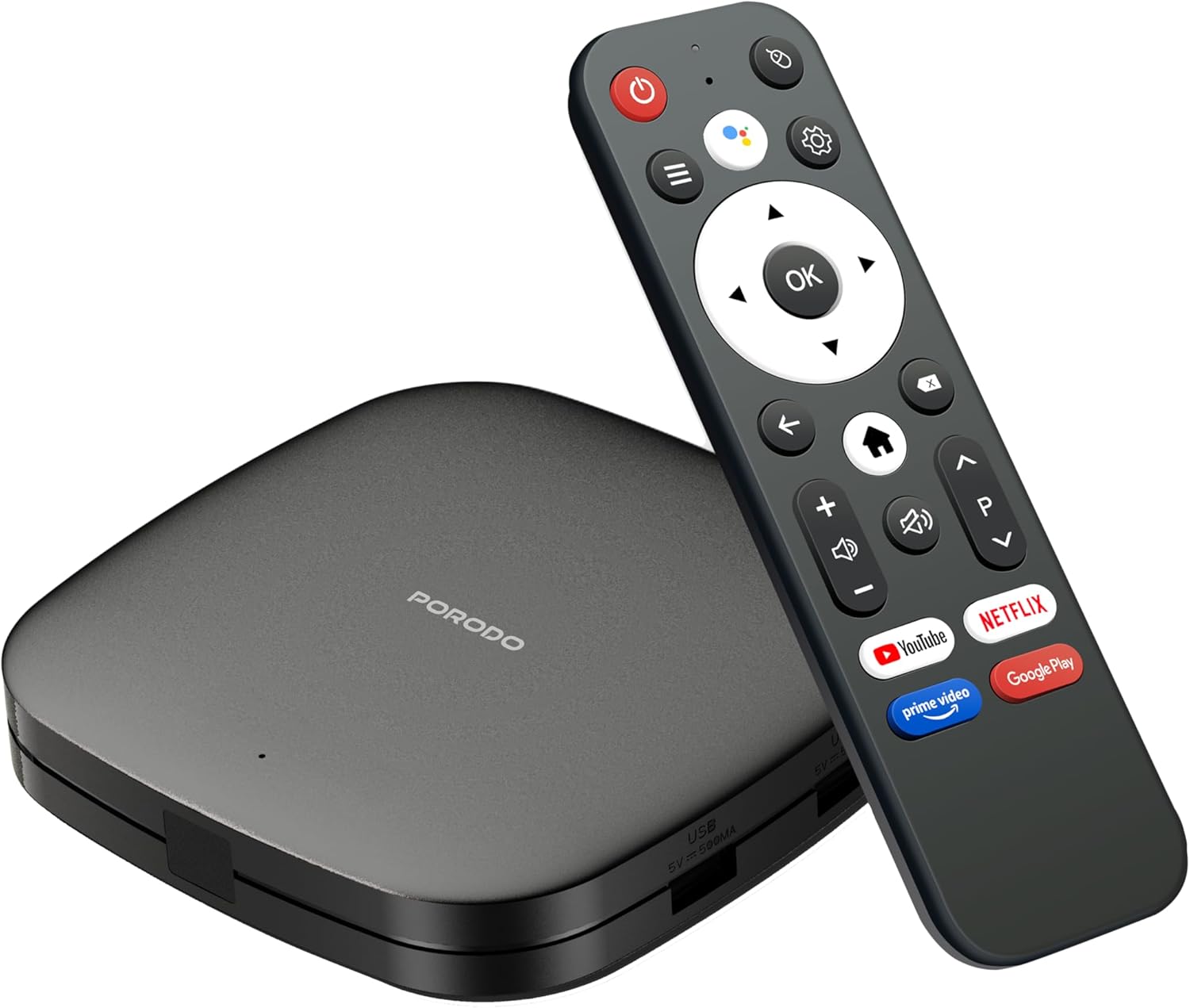 Porodo Android TV Box, 1080p Full HD, 2GB RAM, 8GB Memory, Voice Control, BLE Bluetooth Remote Control, Quad-Core CPU, Android 9, Dual-Band 5G WiFi, HDMI, USB, LAN, AV Out, Home Entertainment – Black - Image 1