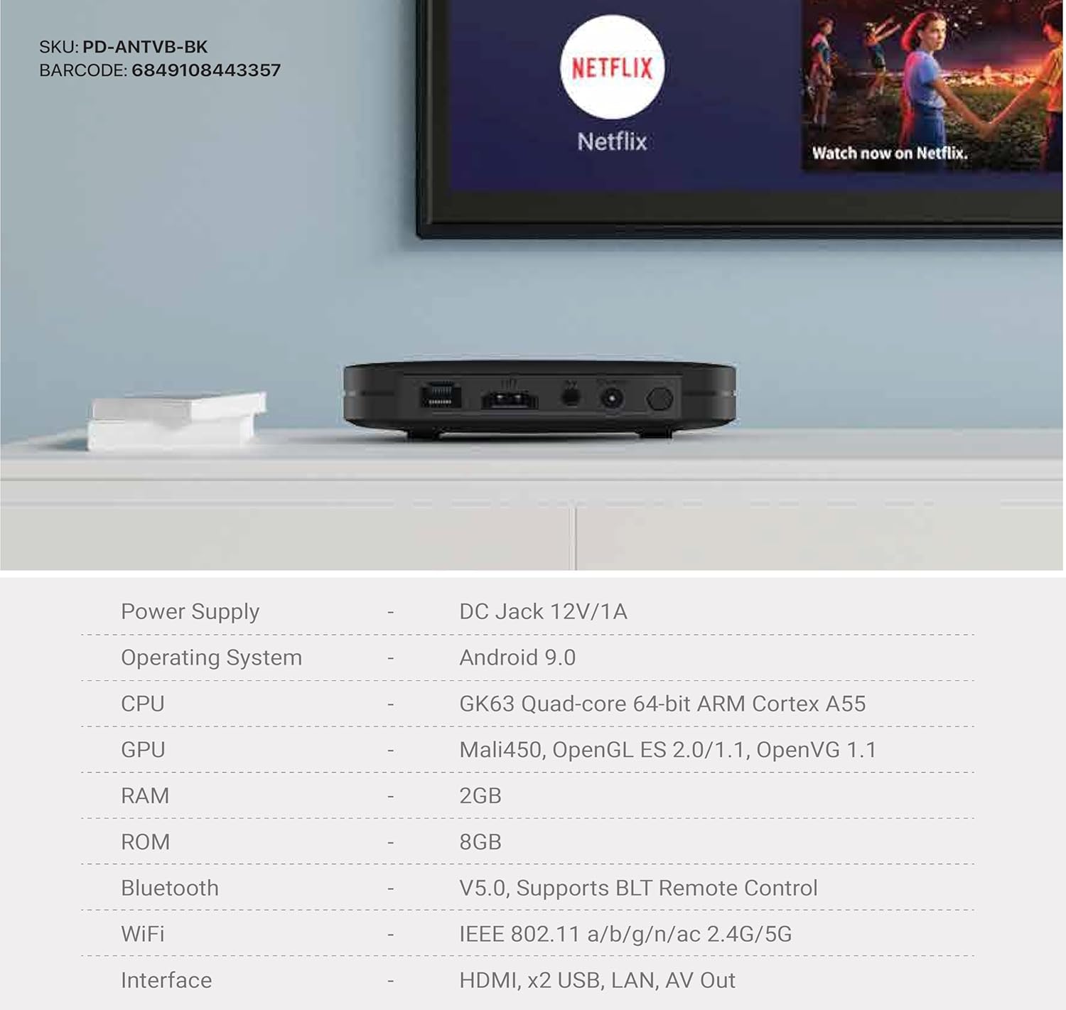 Porodo Android TV Box, 1080p Full HD, 2GB RAM, 8GB Memory, Voice Control, BLE Bluetooth Remote Control, Quad-Core CPU, Android 9, Dual-Band 5G WiFi, HDMI, USB, LAN, AV Out, Home Entertainment – Black - Image 3
