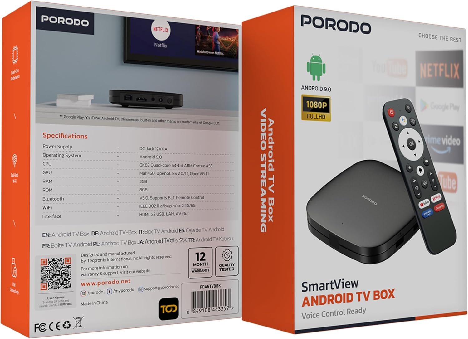 Porodo Android TV Box, 1080p Full HD, 2GB RAM, 8GB Memory, Voice Control, BLE Bluetooth Remote Control, Quad-Core CPU, Android 9, Dual-Band 5G WiFi, HDMI, USB, LAN, AV Out, Home Entertainment – Black - Image 2